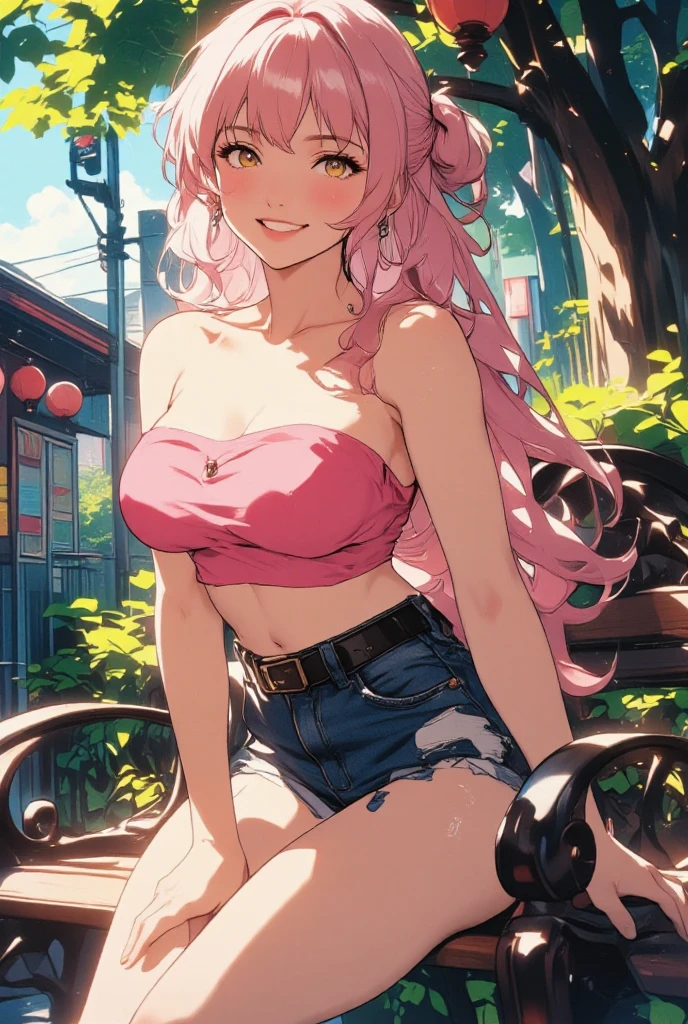 masterpiece, Best Quality, 1 girl, Alone, good hips, final, finalty ????? clothes, medium breasts, smile, rubio, final, young girl, spoiled girl, Wide hips, pink crop top, very short bermuda shorts, 16 year old young man,in an arcade having ??? with shorts on