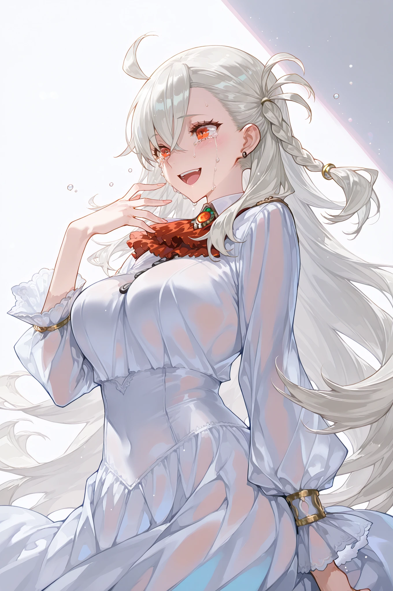 1girl,Olga Marie Animsphere(fate grand order)、outer space、Blue and white dress、white hair、Smile Yan、Happy crying、laughing、bless、Beautiful Breasts、high image quality、masterpiece