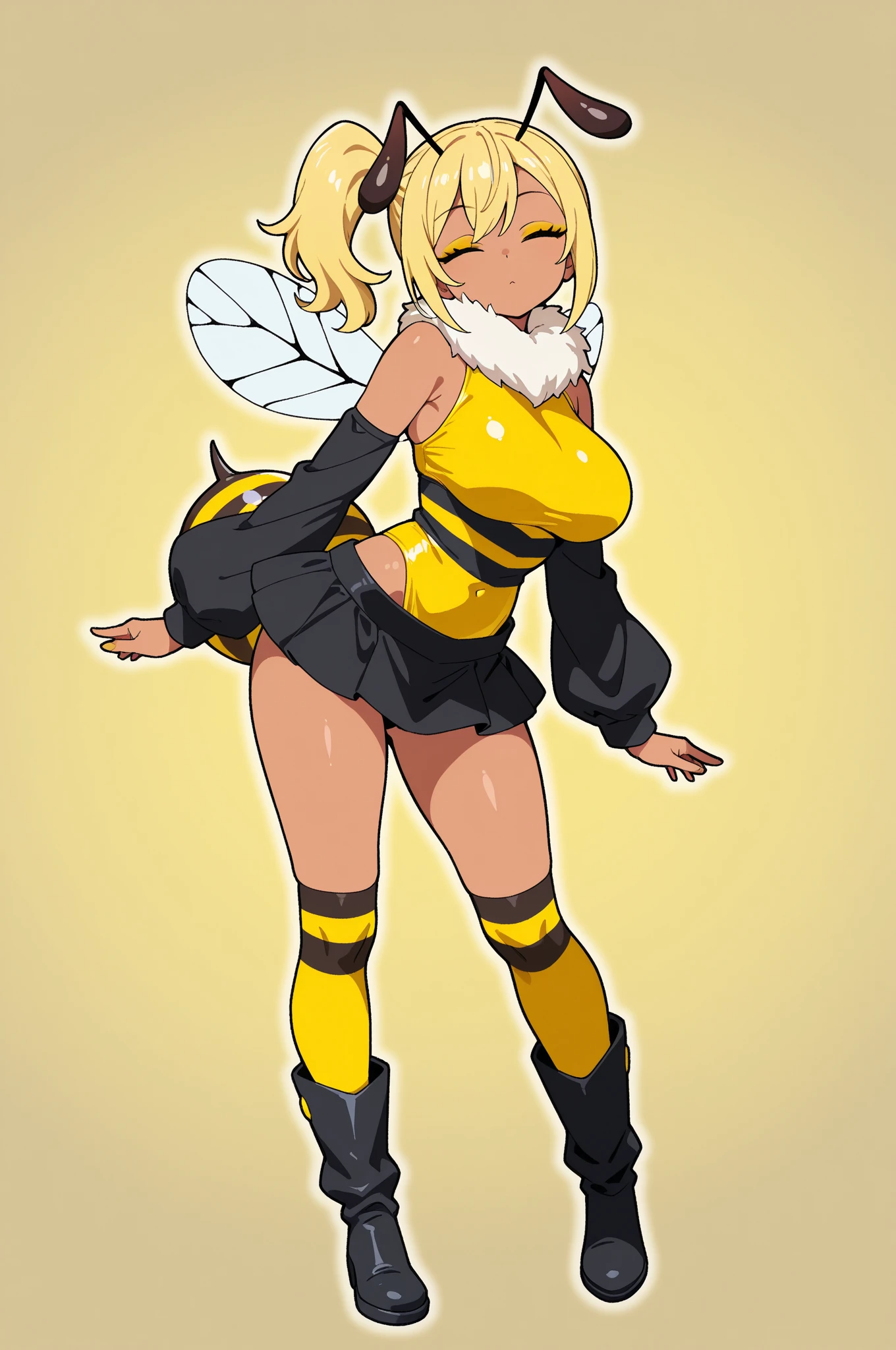 1girl, bee girl, black croptop shirt, full body, outdoors, darkskin, blonde hair, golden eyes, bee abdomen, stinger, bee wings