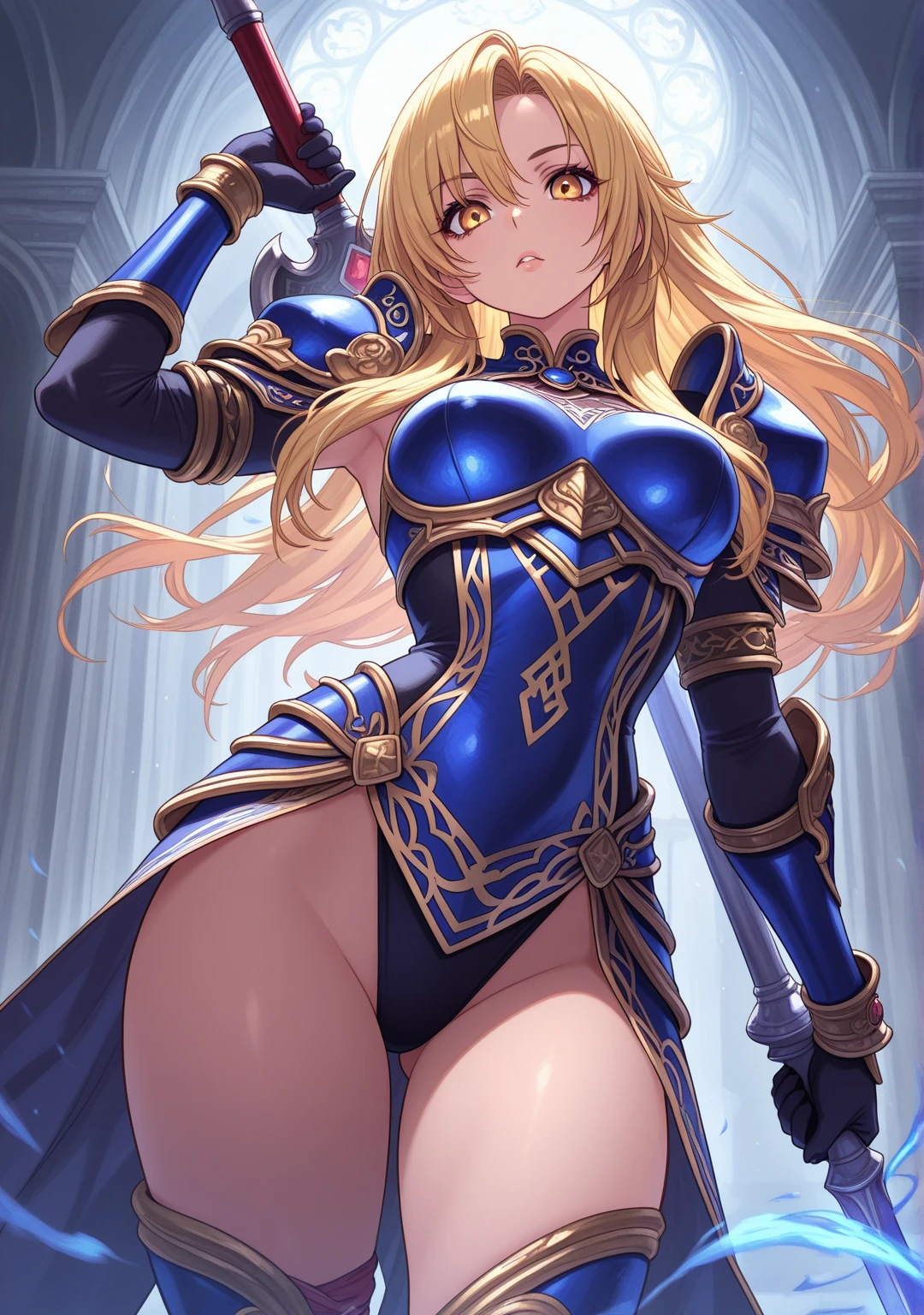 Very detailed、highest quality、(Best image quality:1.5)、(masterpiece:1.5)、8k、Anime Face、A kind smile、Open Mouth、(Beautiful bright blue eyes:1.5)、(Blonde wavy hair:1.5)、Muscles of the whole body、Thigh belt、(Wearing gold bikini armor:1.5)、(Cowboy Shot:1.6)、(Wearing a helmet:1.5)、(Holding a spear:1.5)、Warm lighting