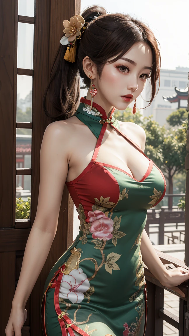 (masterpiece:1.4), (best quality:1.4), ultra high res, ultra high resolution, ((detailed facial features)), HDR, (realistic, photorealistic, photo-realistic:1.37), full body Esbian, sexy Vietnamese model, (-anime), vivid colors, ((vivid colors multicolor (red, pink) very short hair)), (happy smile), lip-gloss, long lashes, ultra detailed metallic makeup, defined eyebrows, wearing large sparkling colorful jewelery, wearing a red silk Paradise Kiss cosplay dress with black floral embroidery, ((vivid colors outfit)), vivid colors, look at the camera, cinematic light, large park background with trees, sweet and sexy pose