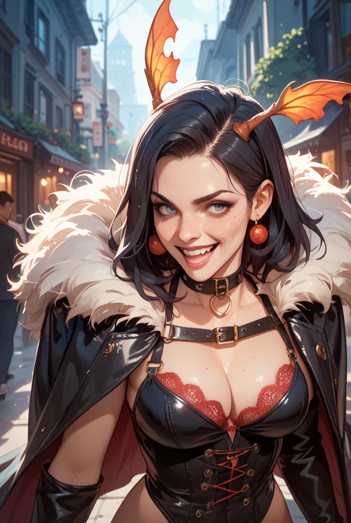 best quality,4k,8k, highres, masterpiece:1.2), ultra-detailed, extremely detailed eyes, extremely detailed body, (large masterpiece digital art), (detailed manga illustration), (detailed line art), ((perfect anatomy)), (intricate details:1.3), (ultra-detailed:1.3), (illustration:1.3), (sharp focus:1.3), (natural lighting:1.05), (vivid colors:1.3), (masterpiece), (best quality:1.4), (perfect anatomy:1.4), high quality, expressive eyes, full body, detailed face, beautiful face, perfect face, 1girl, ((dark skin)), animal ears, black sclera, smile, colored sclera, breasts, solo, monster girl, black hair, (wolf ears), large breasts, curvy, wide hips, long hair, ((gold eyes)), claws, grin, fur, looking at viewer, collar, (dynamic action pose), tail, wolf tail, dragon horns, horns, dragon wings, wings, sadistic smile, hair over eye, {regal outfit}, tiny crown, blue fire, curvy, china dress, dark skin, cinematic lighting, dramatic atmosphere, Beautiful woman, dragon spear in hand, Jeff Bridges, ((cartoon style)), Marvel Cinematic Universe style, (((demon castle in the background))), soft bokeh of hellscape, Atey Ghailan, Jeremy Mann, Greg Manchess, Antonio Moro, trend in ArtStation, trend in CGSociety, Intricate, High Detail, Sharp focus, dramatic and photorealistic painting art by Midjourney and Greg Rutkowski, 