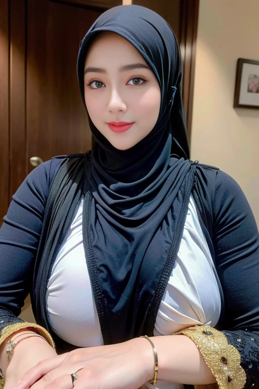 ((Best quality, 8k, bedroom, low pov, Masterpiece :1.3)), 1girl, Pretty old mom with slender abs :1.3, (Medium-short hair, extra huge breasts, huge nipple, areola, curvy body, sweaty, naughty look :1.2), sweaty :1.1, Ultra-detailed face, Detailed eyes, Double eyelid, brown skin, hyper pregnant, white hijab