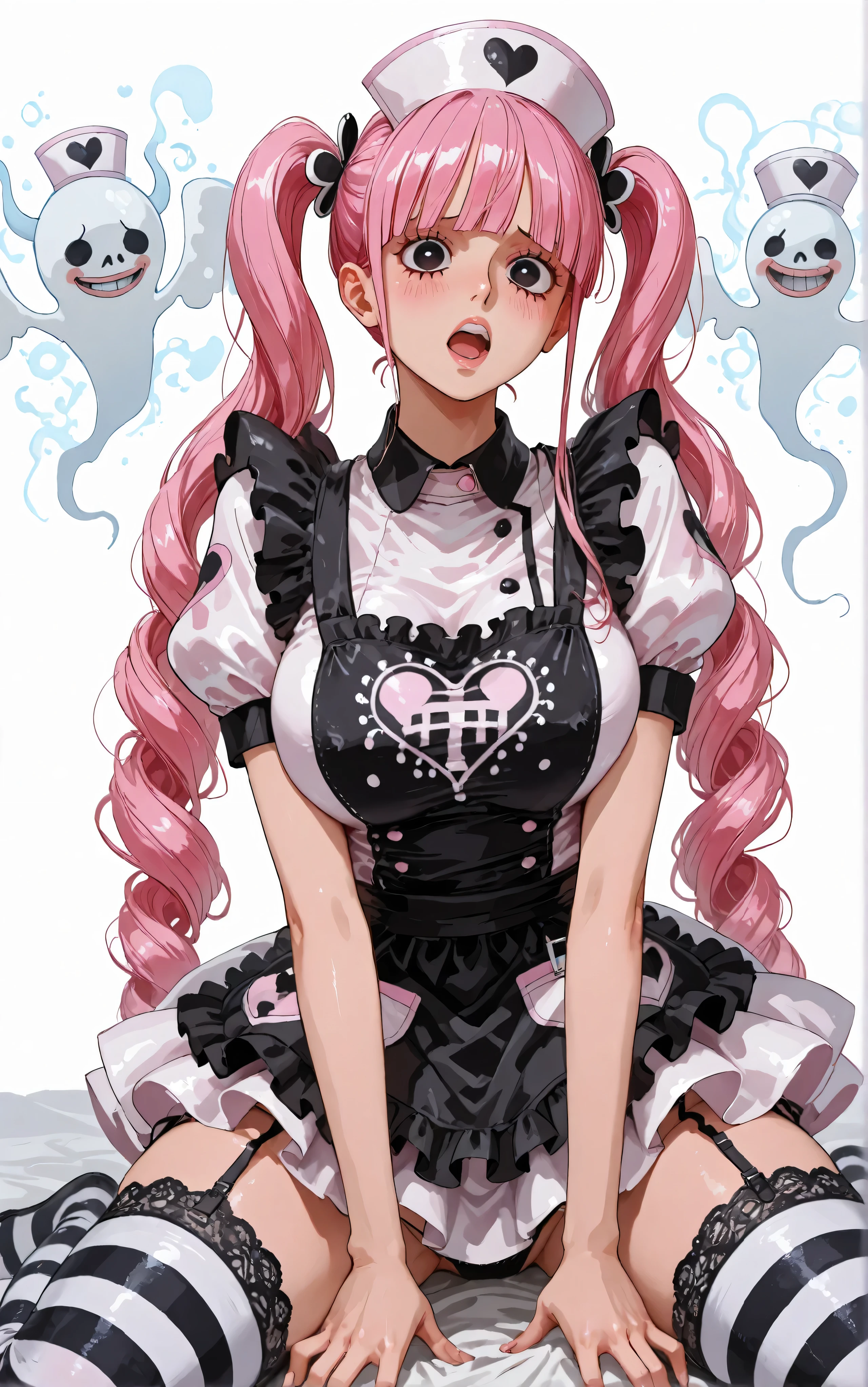 open mouth,,blush,,onepiecestyle,super high resolution, Perona(ONE PIECE), gothic lolina clothes, Twin Tails, pink hair, big eyes, pure white background , Frilled Nurse Cap, black lace apron, puff sleeve, Miniskirt nurse uniform, gothic decoration, Striped Knee Socks, Lovely Expression, Holographic Effects, Negative Hollow Ghost、big boobs、String panties