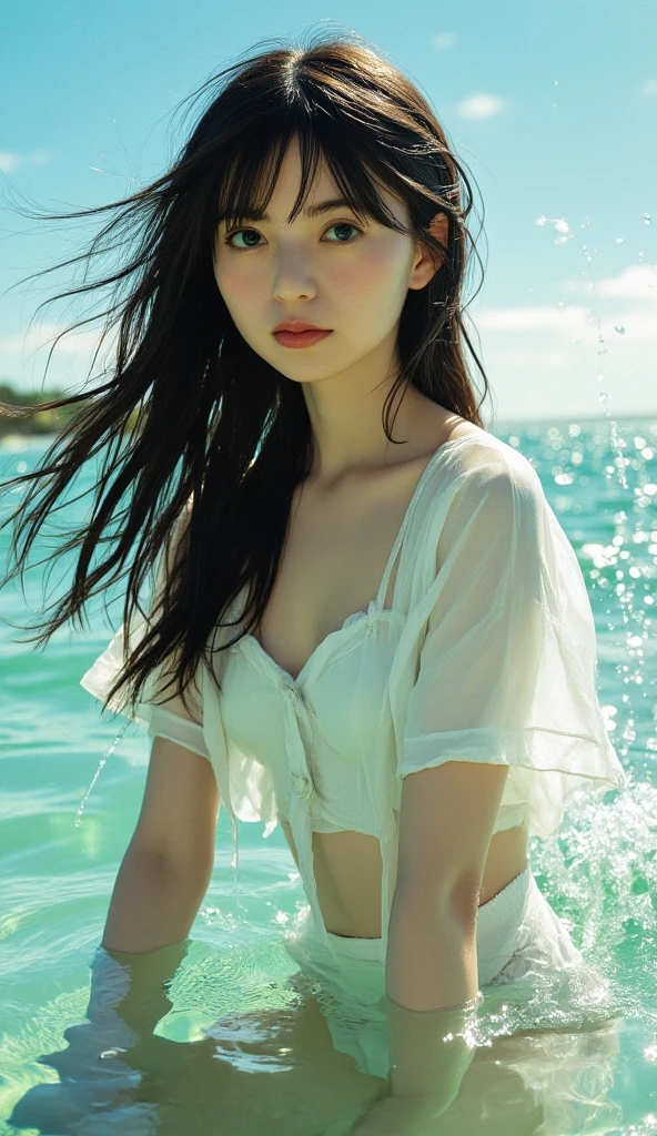 ((top quality, 8k, masterpiece: 1.3)), women (full body portrait, wearing a white wedding dress, back view, looking back, lower body is in the sea), outdoors, background is sunset sky, dazzling sunset, overhead camera, sharp focus: 1.2, cute woman: 1.4, ((mesh color hair, bob cut, floating hair)), very detailed face and skin and hair texture, Wet textured hair, wet body, detailed eyes, double eyelids, white skin, beautiful legs, beautiful delicate nose, cute young Japan woman, 28 years old, with dynamic angles, featuring calm tones and contrasting mixes of light and shadow, while exuding melancholy emotions, while emphasizing the subject's hair, eyes, mouth and action, it is a pleasing and suggestive composition.