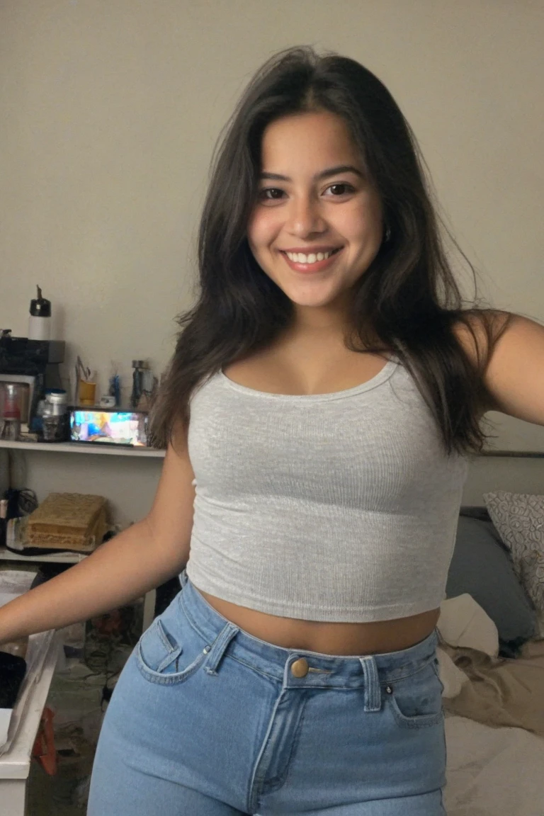 crie uma mulher de 22 anos, de cabelo loiro , pobre e brasileira, e em uma casa pobre, com roupas simples shorts, selfie rosto sorrindo