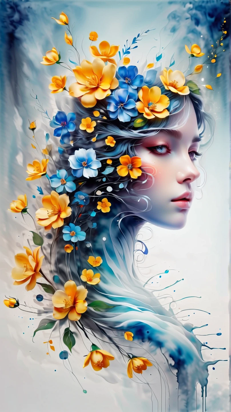 1girl ((Anna Dittmann)) portrait, floral, watercolor sketch, light, watery, abstract, brushstrokes, negative space (masterpiece, high quality)