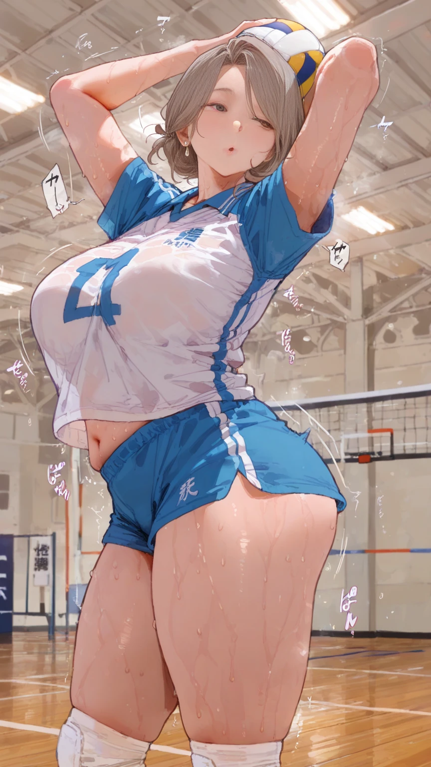 Girl with short green hair, Small size breasts,、Green Eyes, 、,Full body photo from head to toe、Volleyball Player、Volleyball Uniforms、、Uplifting、Leaning forward、、receive、diving、Desperate、Sweat