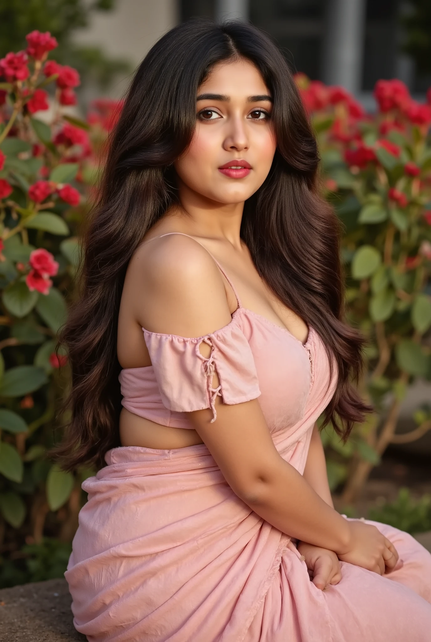A beautiful big breast Indian woman sitting in a lush green garden, posing stylishly . She is wearing a soft pink, body-hugging dress with lace-up sleeves and an off-shoulder design. Her long, dark hair flows naturally, and she gazes over her shoulder with a confident and graceful expression. The background is blurred with vibrant red and green foliage, creating a dreamy and romantic atmosphere, perfect for fashion or portrait photography.