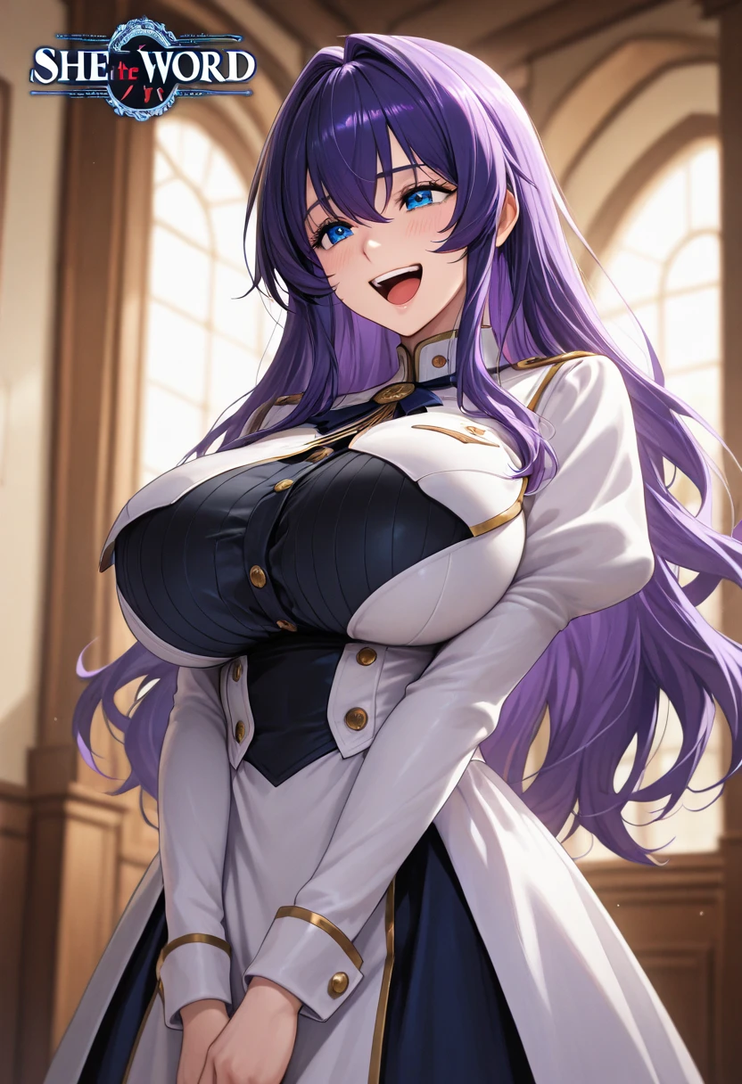 anatomically correct, best quality, masterpiece, high quality, high details, highres, HD, (shaded face:1.2), hollow eyes, purple eyes, looking at viewer, heavy breathing, smirk, upper teeth, purple hair, long hair, huge breast, 1girl, hat, window, solo, breasts, bow, looking_at_viewer, hair_bow, indoors, beret, bangs, long_sleeves, upper_body, large_breasts, dangerousbeast, elbow gloves, gloves, sweating, wet,
