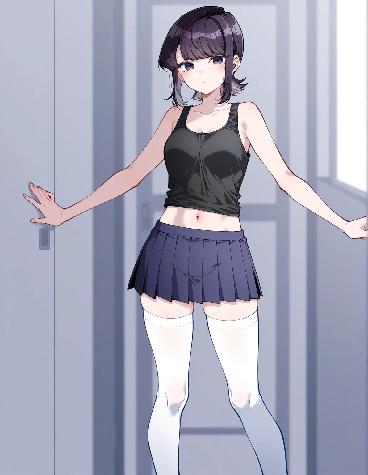 nsfw: 1.5, high quality, masterpiece, full body figure, girl, schoolgirl, slender body, thin thighs, small, small and hard nipple, black t-shirt, tight t-shirt, sheer clothes, wet clothes, emphasized breasts, naked, no panty, no bottom, {nipple}, black hair, red inner color hair, blush, short hair