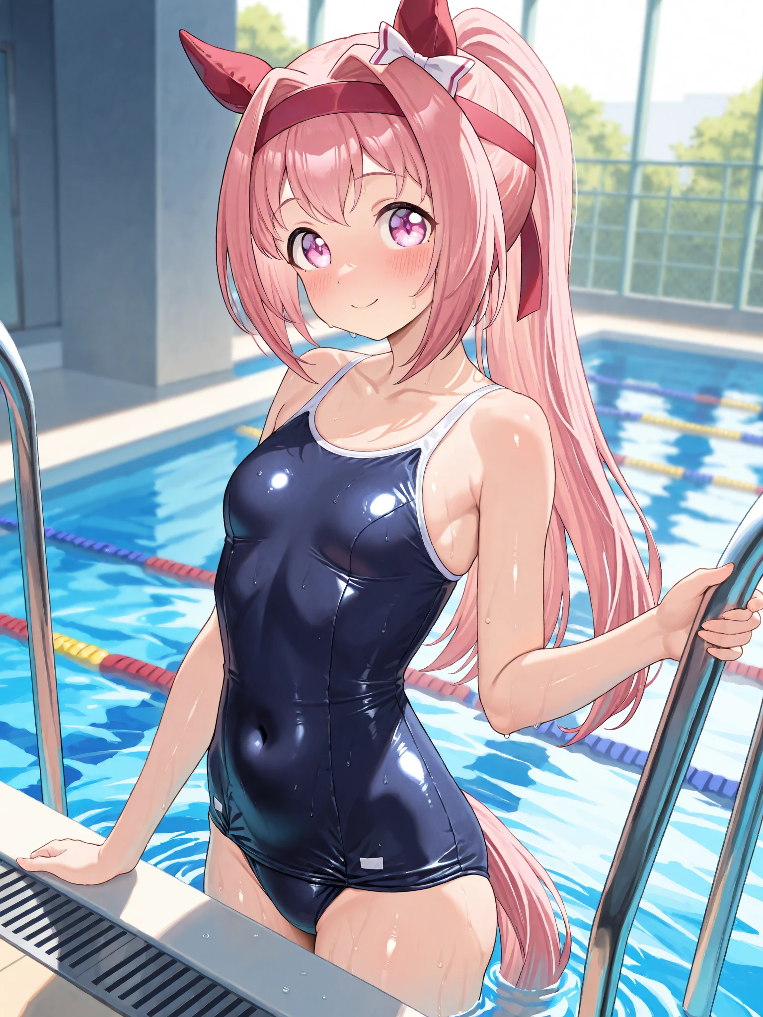 masterpiece, best quality, insanely detailed, beautiful, nino nakano, one-piece swimsuit, breasts, pantyhose, blush, smile, (outdoor swimming pool:1.3), legs spread