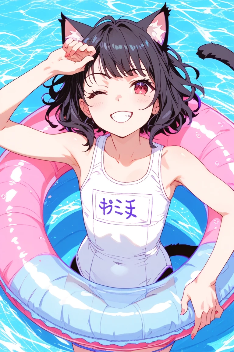 (masterpiece,highest quality,Ultra-high resolution,Highly detailed 8k wallpaper,Very condensed one girl,Delicate and beautiful features,Beautiful fine details,Beautiful lighting ),View Viewer,looking up,dutch angle,lie on own back,breast hold,press breasts together,grabbing own breasts,lying in bath,(blue school swimsuit),bare legs,open mouth,Shyness,Sexually suggestive,anguish,nervous smile,embarrassed,seductive smile,13 years old,,middle hair, little two side up,flat chest,shiny hair,Fair skin,Straight black hair