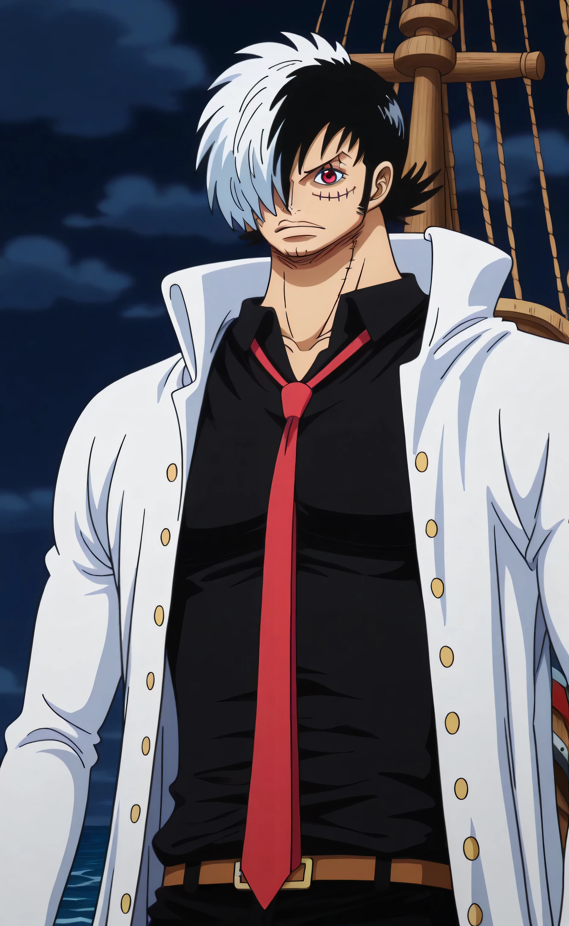 1male,solo,Black Jack,Black and white hair,short hair,Scar,red eyes,White coat,Black suit,black shirt,red necktie,black vest,big muscle,pirate ship,sea,One Piece (Egghead) Style