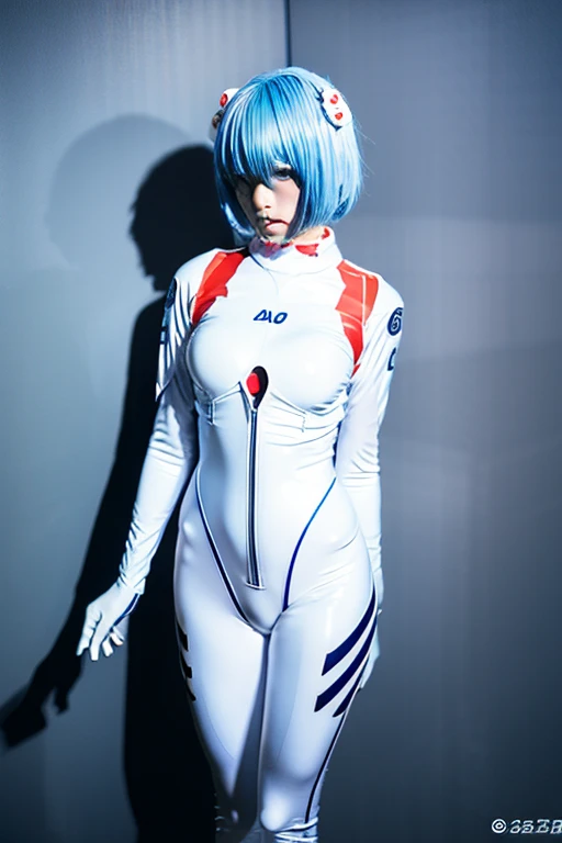 (8k, RAW photo, highest quality, refined details, Masterpiece: 1.2), (high resolution 8k wallpaper), sharp focus, professional lighting, depth of field, cinematic lighting, background blur, Evangelion ayanamirei. She is a Japanese woman with blue hair, (pale skin:1.6),(red eyes:1.5), and a white plug suit. Her futuristic background and realistic style with a cool look are her hallmarks. Quiet atmosphere like science fiction,full body,
