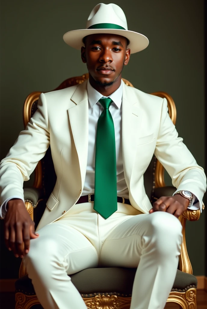 Tall dark-skinned African man with green eyes with a white top hat on his head holding a planet earth in his left hand and a cane in his right hand sitting on a throne in hell with souls around 
