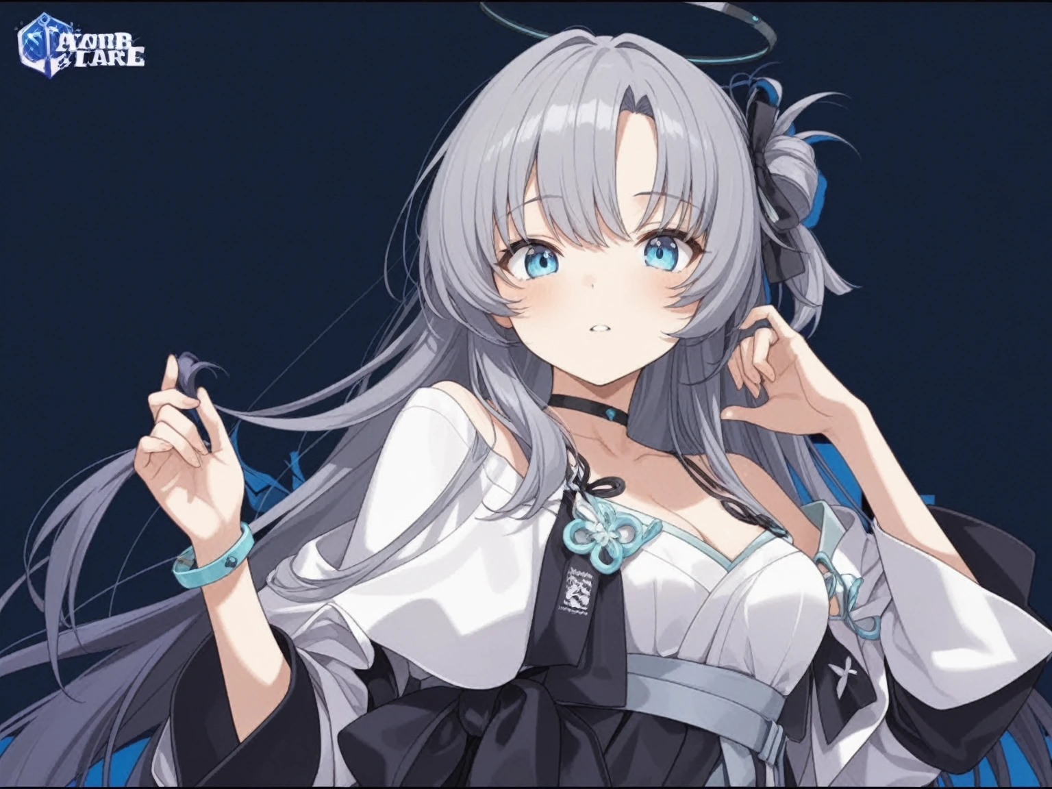 One girl, Long Hair, Bangs between the eyes, Gray Hair, Character portrait, blue eyes, Anime Style, Ahoge, Character design drawings, Small breasts,Demon King