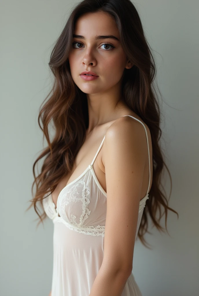 ((best quality)), (detailed), visage parfait (()), ((hyperrealism)) ,. Brown Hair with Light Brown Roots. brown-hair, Hair with brown roots, extra long hair, Very long hair, Very long hair, guapo, front view ,, hair falling on breasts
