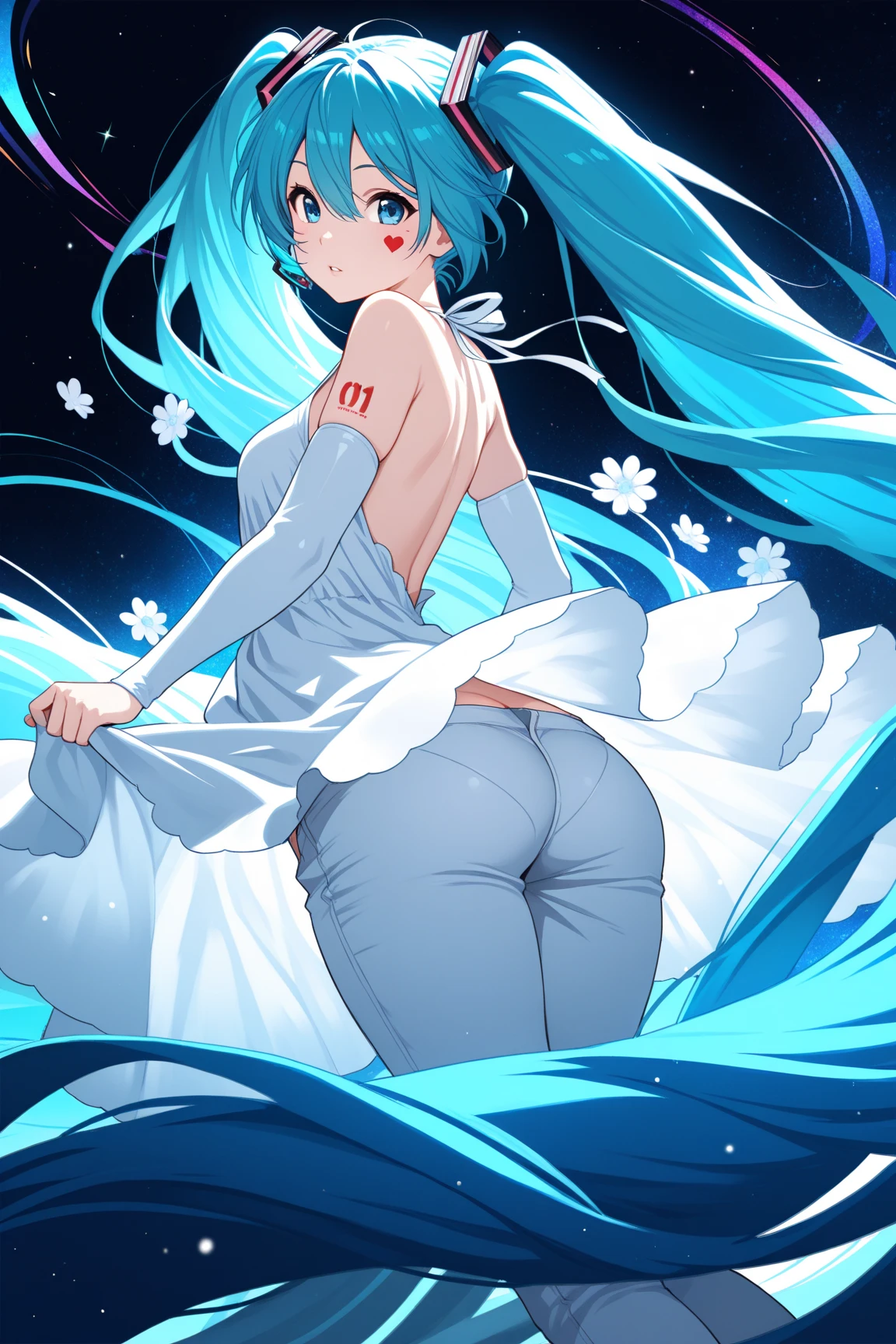 (masterpiece, best quality, great:1.2), CG, illustration, delicate face, cute face, kawaii, medium breasts, delicate hair, disheveled hair, floating hair, shiny hair,1 ,hatsune miku,beautiful ass,(((ass focus))),messy hair,sexy pantie,red pantie,skirt lift,looking back,((lower body)),((from below)),