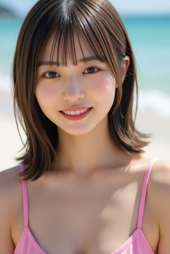 top-quality, ​masterpiece, , The ultra -The high-definition,(((Portrait photos)))、 (photorealisim: 1.4), RAW Photography, Beauty Japan, A hyper-realistic、Beautiful Japan Woman、loli big boobs、Lori elementary school face、short-hair,red-lips、(((Red and white fancy floral twine bikini)))、cute smile face、Blue Sea、blue open sky、the beach、pose sensual