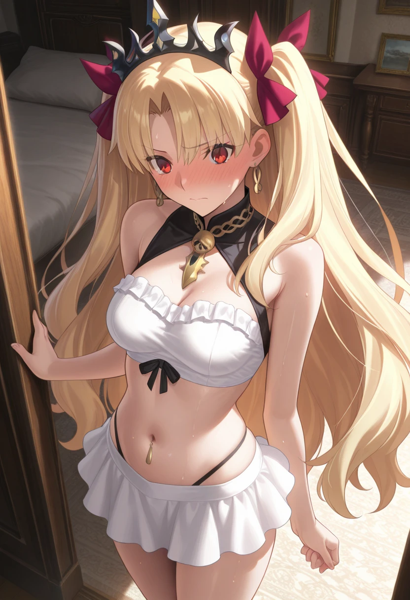 Masterpiece, best quality, highly detailed, highres, 8K, natural lighting, 1 girl, blonde hair, ahoge, ruby eyes, huge breast, black tank top, mini short pants, she wet, sexy pose, outdoor, (Full body shot:1.1) , detailed eyes, perfect eyes colors, detailed eyes, detailed finger shape, the number of fingers is not excessive