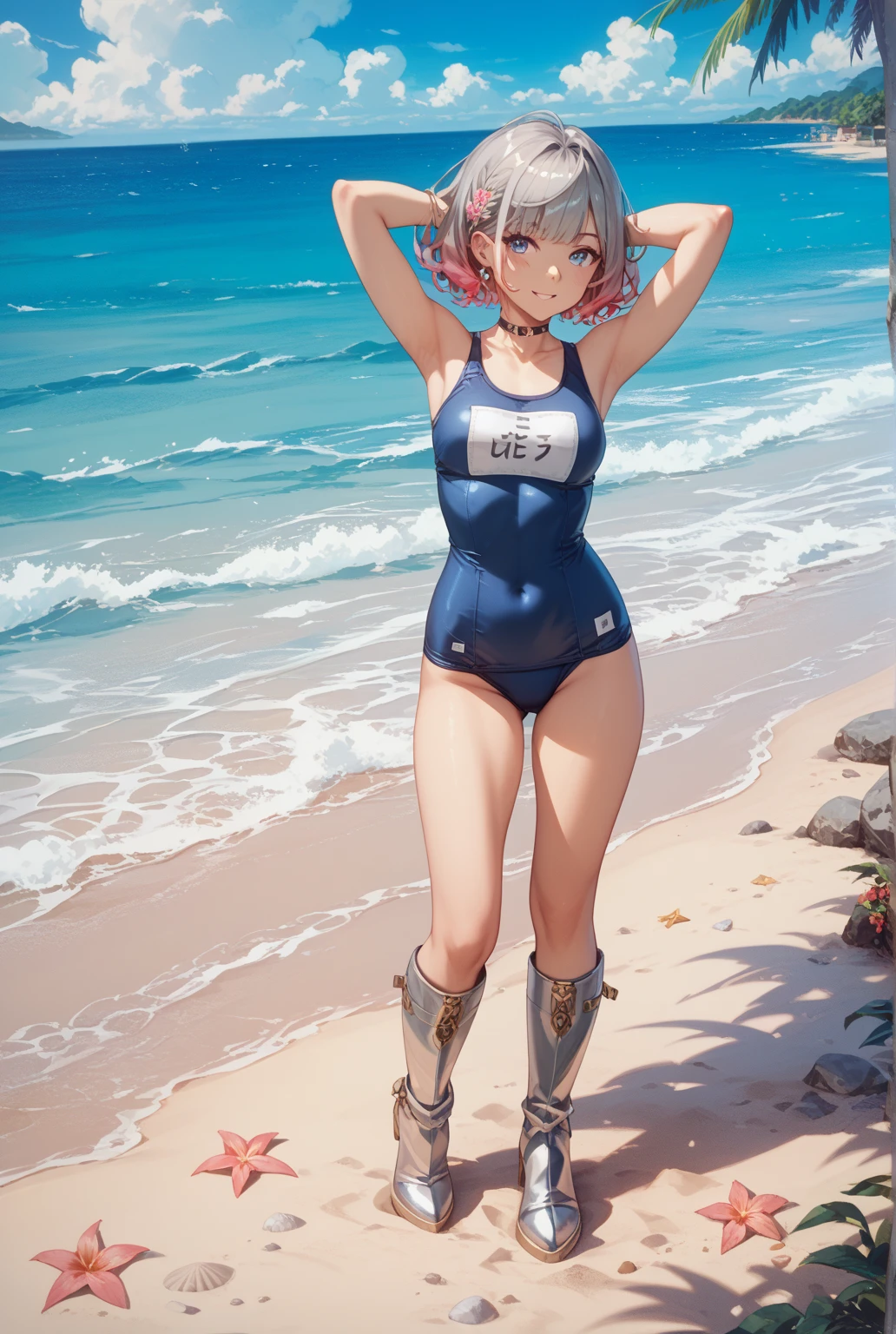 Random Swimsuit,,Blushing、Pale red eyes、Light cream colored hair、short hair、Head to toe full body、Blushing、Embarrassed look、Composition from the front、A view from slightly below、school swimwear、Acme Face、Random pose、, 、nsfw、Highest quality、1 girl、solo、Ocean、Sandy Beach、Sexy pose、Random pose、Blushing、Wet、Embarrassed、I can see half of my 、、One piece swimsuit、(Strap slip:1.3)、