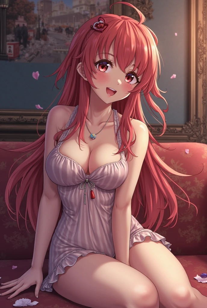 1girl, alone, hahari hanazono, long hair, bangs, (green eyes:1.2), pink hair, flower, hair flower, smile, dress, cleavage, jewelry, necklace, white dress, indoors, bed, looking at viewer, (masterpiece:1.2), best quality, high resolution, unity 8k wallpaper, (illustration:0.8), (beautiful detailed eyes:1.6), extremely detailed face, perfect lighting, extremely detailed CG, (perfect hands, perfect ???????),cleavage, big breasts, medium waist, wide hips, wide thighs, long pink hair, green eyes, seductive, smiling, open mouth