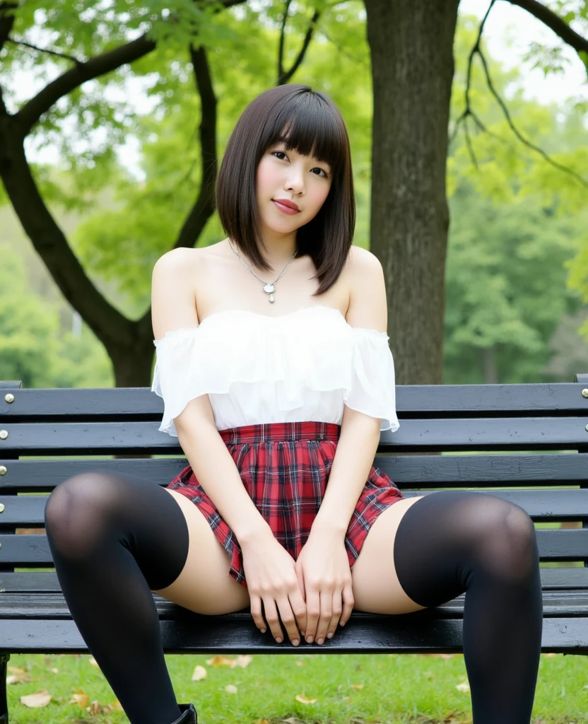 1girl in、(Japanese woman sitting on a bench and showing off her panties:1.1)、realisitic、tights、skirt by the、sky line、realisitic、アップskirt by the、skirt by theリフト、top-quality、​masterpiece:1.3、超A high resolution、Angle of view from below:1.5、Panties close-up:1.8、Embarrassed look、The background is a night view、((Spread your legs to the sides:1.4))、((pantie shot:1.8))、((Look Viewer:1.4))、The most beautiful woman in the world、There is a village frame pure