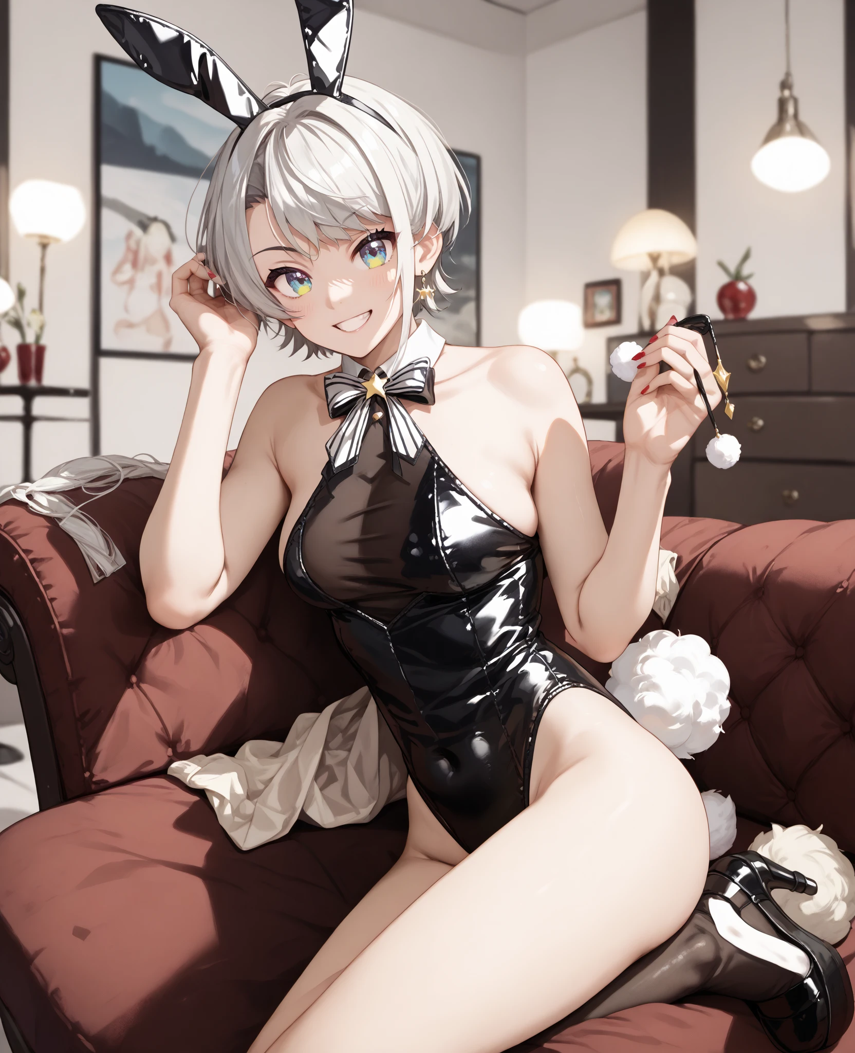 (top-quality、in 8K、32K、​masterpiece、nffsw、超A high resolution、Impresionismo、Photorealsitic：1.2)、detailed faces and eyes、Full body, Mystical、(Inside the café:1.4)、beauitful face、blurry backround、18-year-old beautiful girl、shinny skin, (１The fox tail of the book grows:1.3)、Beautiful silver hair、short-hair、(poneyTail:1.2)、Deep green eyes、Fox ears、hair adornments、kindly smile、miscievous smile、Curve、(Playboy Bunny Girl:1.2)、White High Cut Leotard、Wearing fishnet stockings、White cuffs、a bow tie、