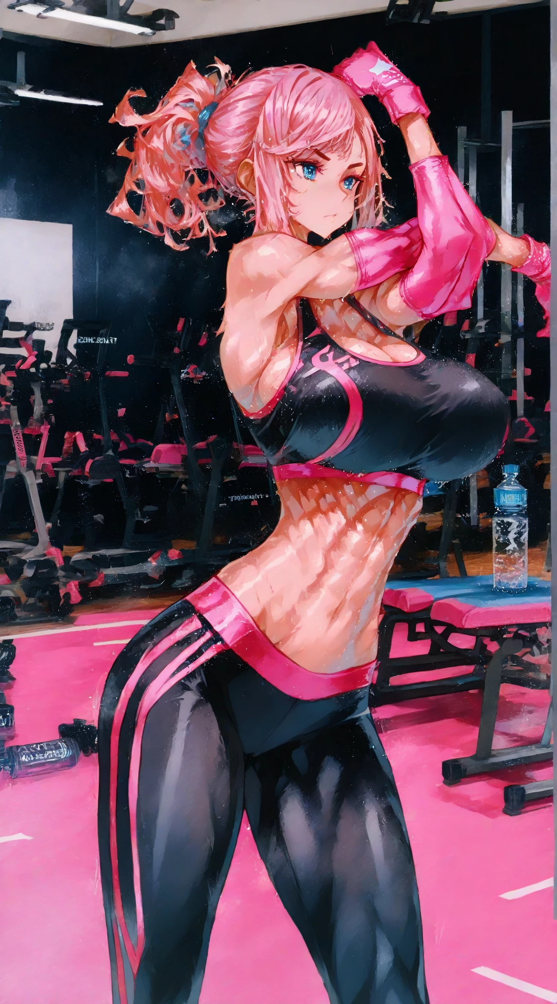 Lucy pinder, portrait, back, gym, smiling, young women, (anime), full body poses, exercising intensively in a gym, wearing sport bras and thong made of see-through fabric, with sweat glistening on their bodies. Both have detailed short and messy multicolored hair with smirks face, and one of them has visible pubic hair. They have toned athletic bodies whit slim waist and huge sized breasts. (puffy nipple:1.3)