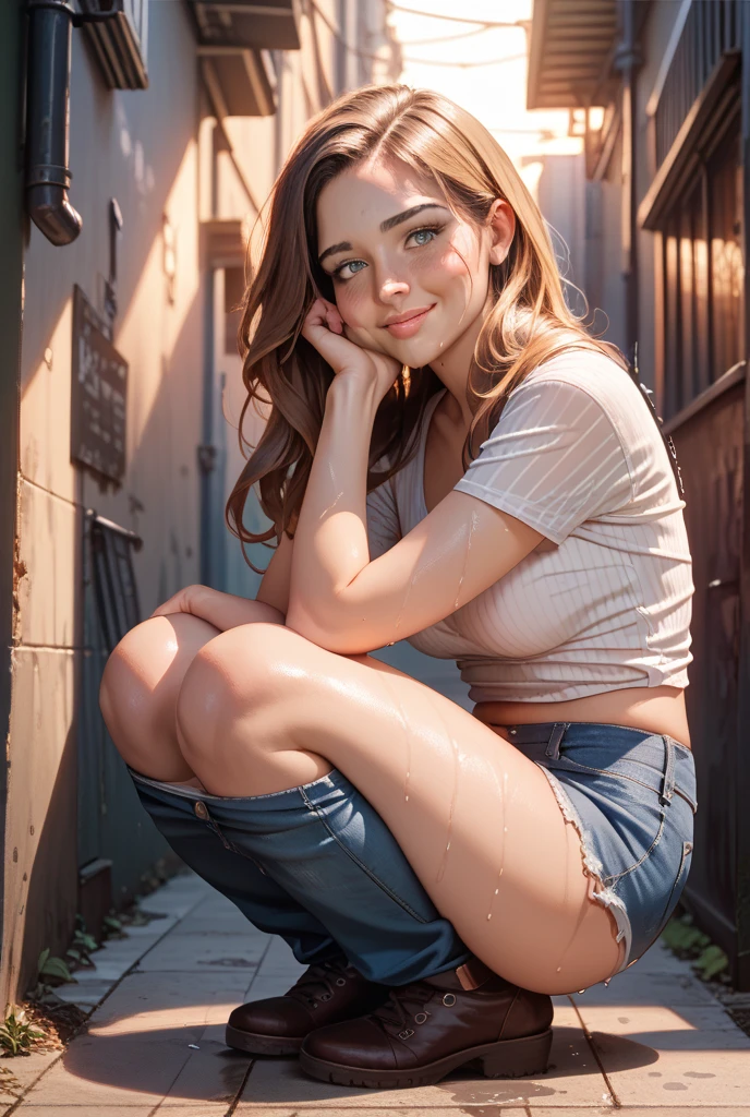 masterpiece, Best quality, Hyperrealistic, cinematic photo, 16-year-old woman,pale skin, French amazing slim body, Grey T-shirt, demon of panties ,naked ,no panties below the waist,you can see the girl&#39;s pussy , bare foot, wavy brown hair, big feet, wide hips, Perfect hands, Beautiful face, perfect face, Beautiful French girl, young, smile, (blurred background), modern style, from beshort, (short-Corner shoot), short_Corner_Human, squatting, (view viewer), I look at the viewer, front shots, (8K, Epic composition, Photorealistic, sharp focus), complex background, USA, Sun Ray, Sun rays, SLR camera, grain foil