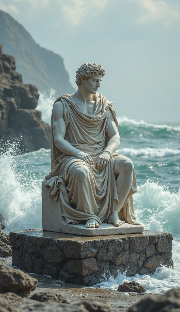 Statue of a Greek Stoic man with a strong and sound body，similar to zeus statue，marble，The body is wet with water，white and silver eyes，Ocean landscape background，The sea water splashing on the statue looks wet，rain effect，Rays pass behind the statue at various places in the photo