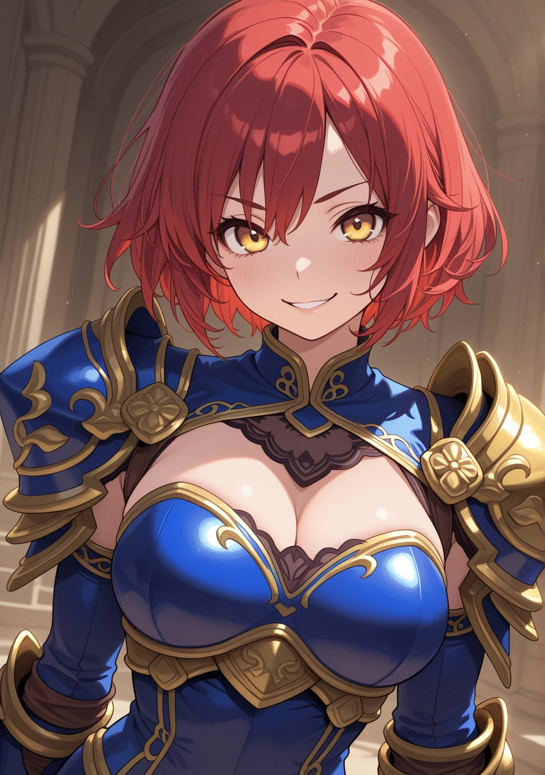 (best quality), (masterpiece), ariadoa, short hair, red hair, red eyes, hair ornament, blue cloak, cleavage, large breasts, choker, medieval castle interior, night, <lora:ariadoa:0.9>