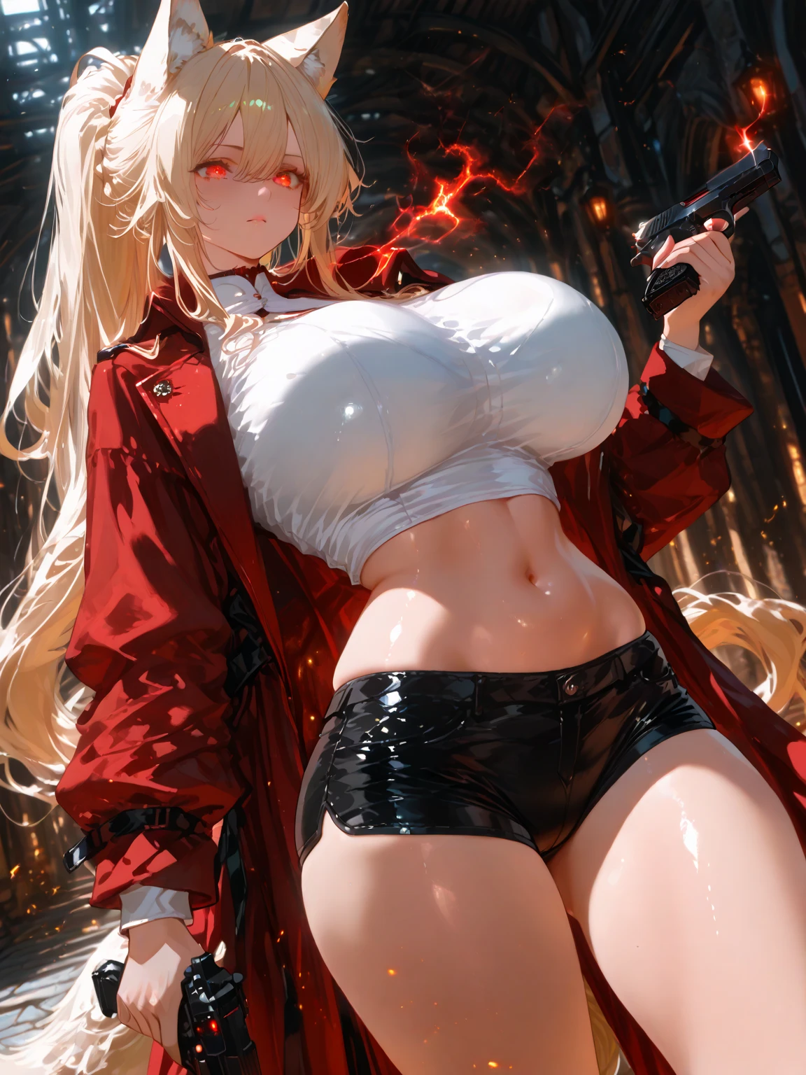 (masterpiece:1.3, best quality), (real picture, intricate details), detailed face, extremely detailed CG unity 8k wallpaper, 1girl, white hair, blue eyes, semi-long hair, Japanese sword, black long coat, cyberpunk style, battle, holding weapon, full body, a smile that scares others, In combat,, , vhd, shadering VRay, RTX, realistic drawing, realistic eyes, 8k, realistic light, opengl-shaders, post-processing, cute, 1girl, solo, massive breasts, mature woman, mature figure, adult appearance