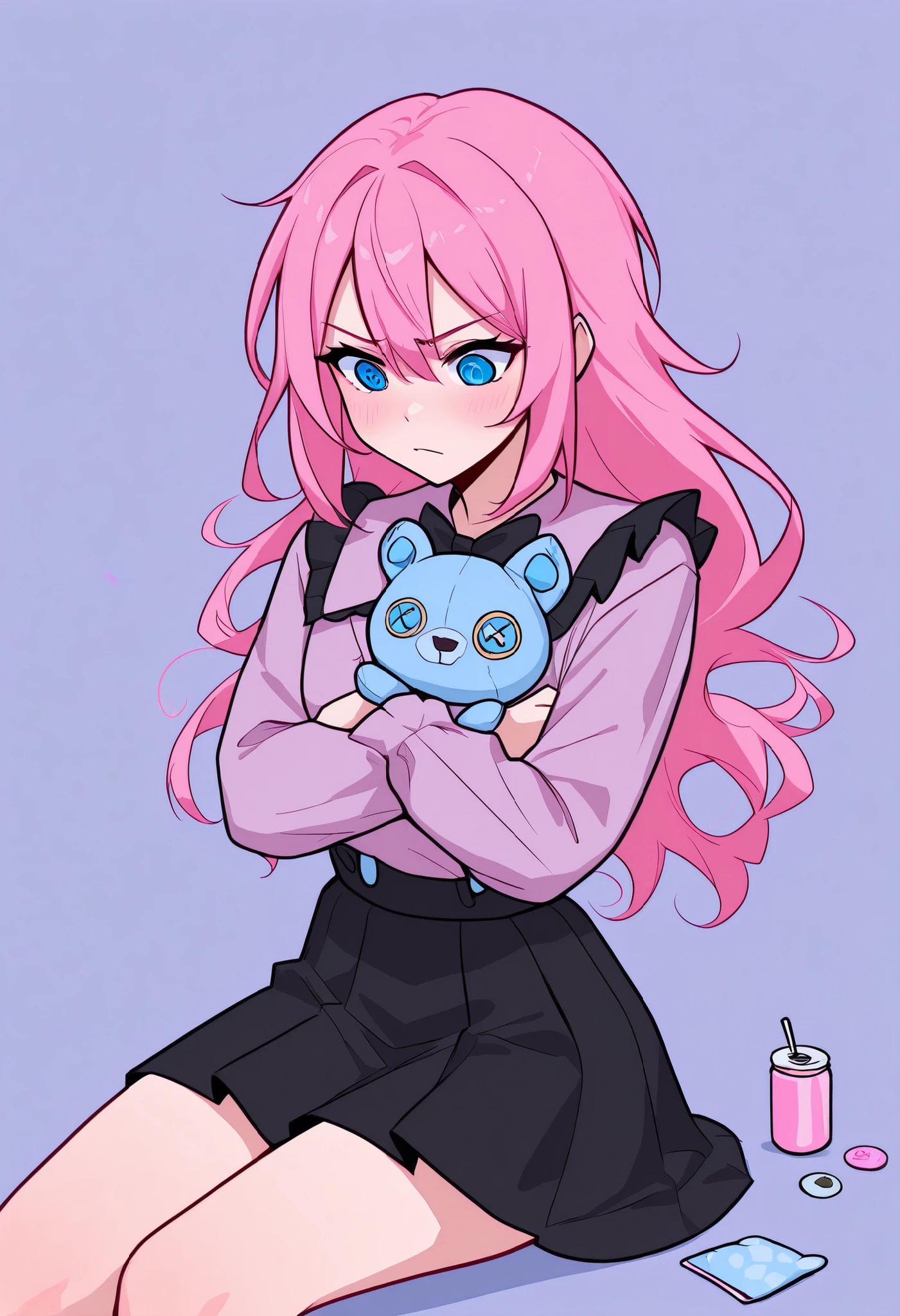 lazypos, usnr, 748cmstyle, 1girl, pink hair, blue eyes, insane expression, limited palette, jirai-kei, jirai kei clothes, jirai kei outfit, yami-kei, denpa-kei, denpa, denpa aesthetic, denpa colors, sitting, hugging a plushie, knife, pills, pink blood, pink, black, blue, hearts, heart, cute background, yami background, simple background