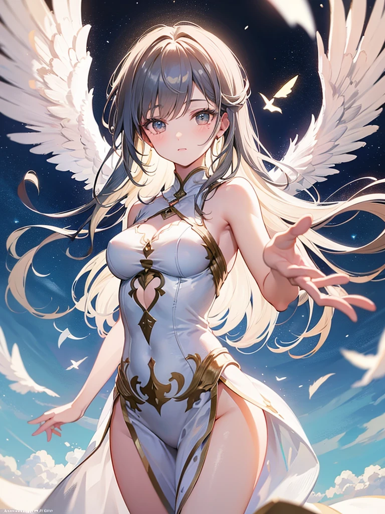 (((1girl))), ((best quality)), ((masterpiece)), ((ultra-detailed)), (illustration), (detailed light), (an extremely delicate and beautiful), (beautiful detailed eyes), (sunlight), ((extremely light)),  ((extremely clothes)), (((hyper detail)))

(((adorable white lingerie))),

wavy short manish bob, ((((yellow gold hari)))), ((short hair)),
(((deep red eyes))), 

((angel)), (((angel wings))), ((angel halo)),

(((whole body))), aged 13 to 16, 
(((extra adorable))), (((extra slender shape))), 
(((extremely beautiful detailed face))),
(mischievous smile with sexual satisfaction),  (adorable smile),
(((condescending expression))),

(((jump up high above the magic circle))), (((((Dutch angle))))), 
((())), (from below),
(((extremely thin thighs))), (((white stockings)))