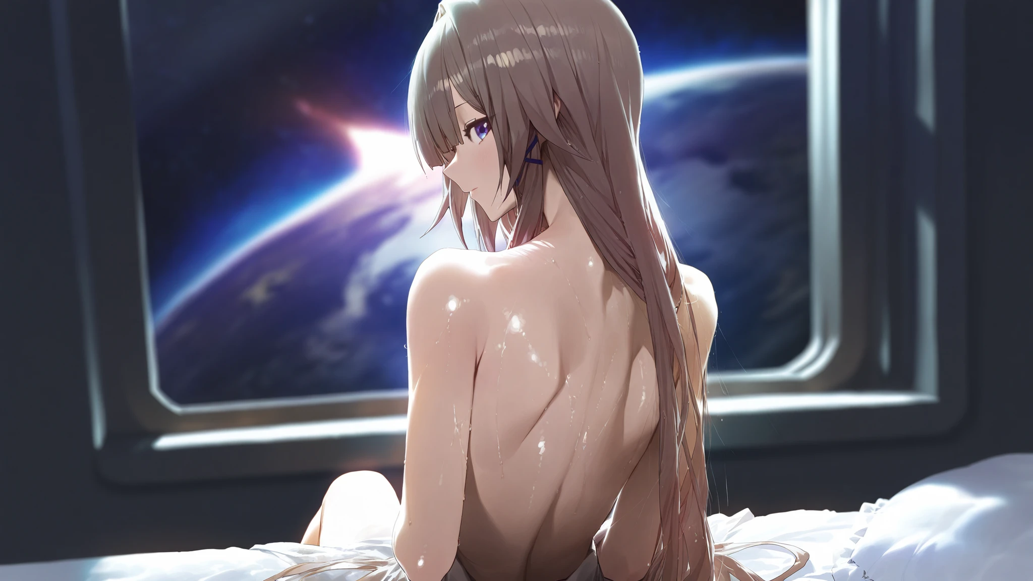 high detail, super detaill, extra high resolution, upper half body, Girl enjoying time in the galaxy of dreams, The Bottom of a Barren Planet, Like a desert, Surrounded by stars, A warm glow splashed on her, The background is a starry sky with multi-colored galaxies and galactic clouds, the stars, flying around her, gentle face, Add a playful vibe ,naked ass