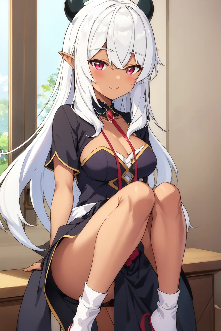 One girl, full bodyesbian, Small breasts, sideface, dwarf, sit on chair, Background with window, Light clothing, reading book, White hair, Asymmetrical hair, ahoge, curtained hair, Very long hair, hair splayed out, Red eyes, Red eyes, Light smile, Shy, sideface, back lit lighting, Anime, hyper HD, 1080p, Super detail, High details, Anatomically correct, Masterpiece, A high resolution, Best quality