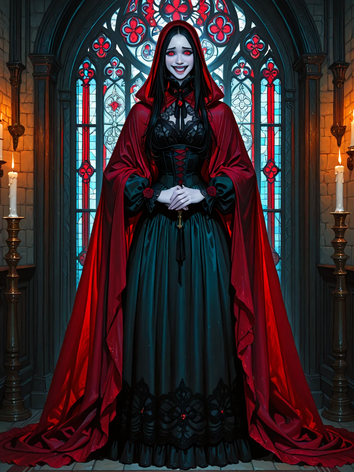 a close up of a woman in a red dress with masks hanging from a ceiling, ornate cosplay, ornate mask and fabrics, eerie art style, beautiful elegant demon queen, rococo cyberpunk, gothic maiden shaman, goddess of death, intricate costume design, anime character; full body art, scary queen of death, dressed as an oracle, beautiful necromancer