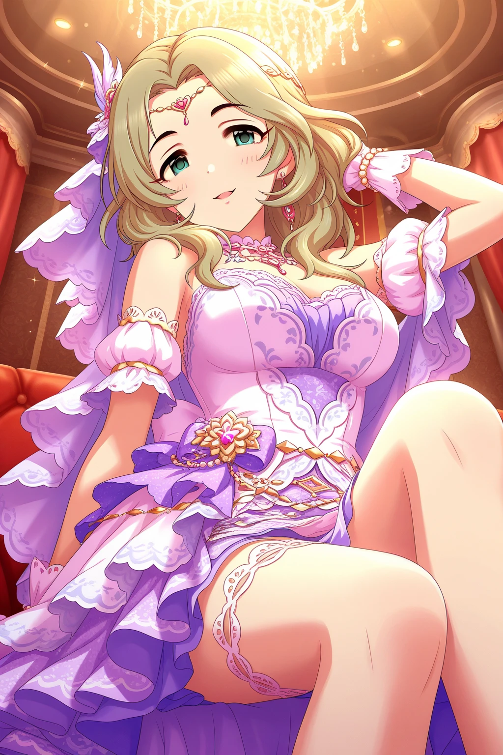 nsfw, best quality, masterpiece, super fine illustration, high quality illustrations, beautiful artwork, detailed skin, detailed face, detailed eyes, 1girl, solo, skinny, princess, (slut: 1.5), skirt lifted, white panties, grab skirt, squatting, open legs, blunt bangs, blonde hair, blue eyes, blush, curly hair, wavy hair, long hair, silver tiara, very long hair, smile, white garter belt, white garter straps, indoors, princess dress, juliet sleeves, long sleeves, looking at viewer, puffy long sleeves, puffy sleeves, see-through, skirt, white thigh highs, white dress, white legwear, window, canopy bed, curtains