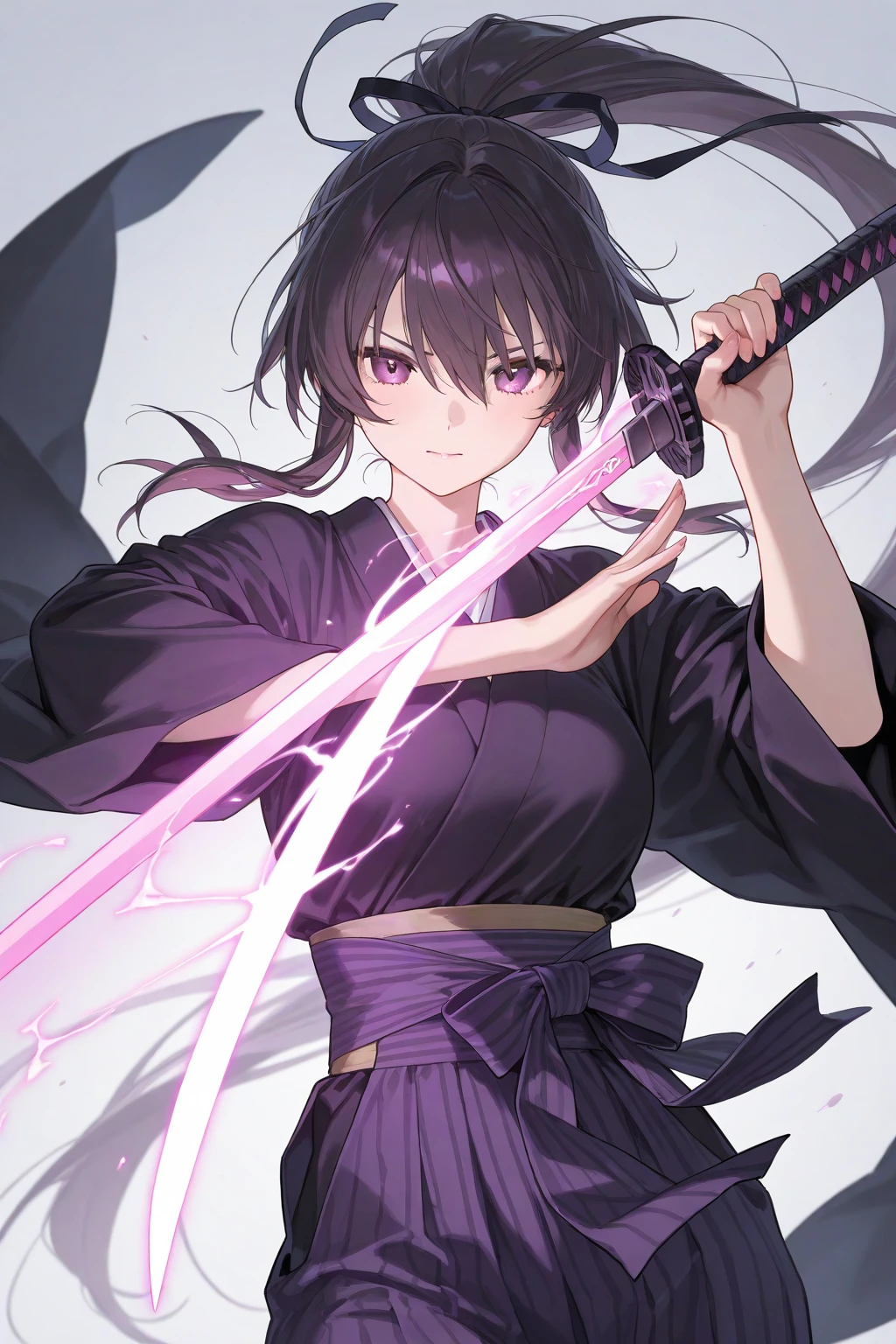 (hero neisan art style:0.7), (hews art style:0.7), score_9, score_8_up, score_7_up, score_6_up, uncensored, black hair, red eyes, purple lipstick, hair between eyes, long hair, short pointy ears, pale skin, BREAK (masterpiece:1.2), best quality, high resolution, (detailed eyes:1.3), perfect lighting, (perfect hands, perfect anatomy), large breasts, night, sword, 1girl, katana, night_sky, solo, japanese_clothes, sky, cleavage, wide_sleeves, sheath, earrings, star_(sky), over_shoulder, looking_at_viewer, detached_sleeves, moonlight, outdoors, shaded face, looking down, expressionless, lips, torn clothes, burn scar, glowing sword, bokeh, shimmering light, sparkle, 