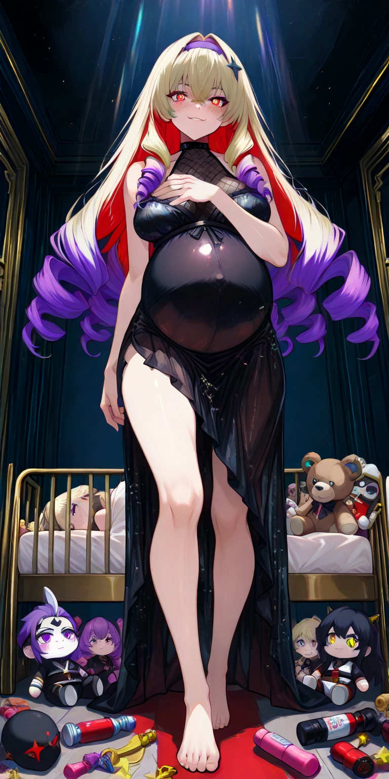 (Full body, glasses), An image of a pregnant Flandre scarlet with her belly on full display, huge breasts