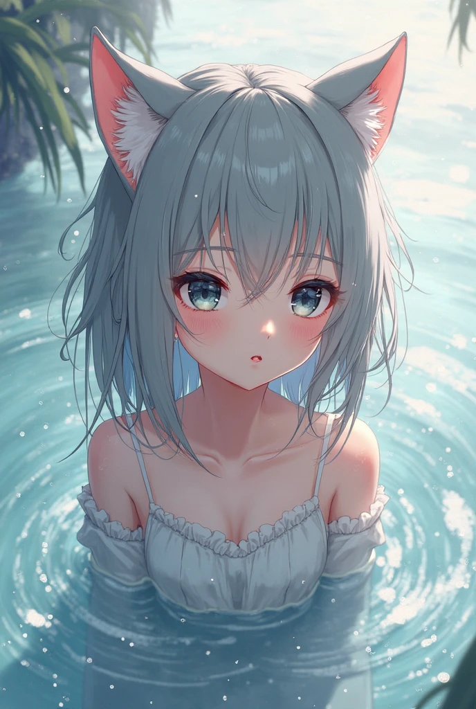 (best quarity,ultra detailed,ultra-high-resolution, absolutely resolution,8k, masterpiece),anime,(pale colors:1.8),long shot, 1girl, solo, cat mouth, hands up, (shoulder-deep in water:1.3), smile, closed eyes, opened mouth, fang, arms up, blue hair, bobcut, straight hair, racoon ears, racoon tail, (brown streaked hair:1.3), (blunt bangs) ,wet hair, wet skin, thick eyebrows, big breast, off shoulder bikini,  water splash background, summer, fullbody,