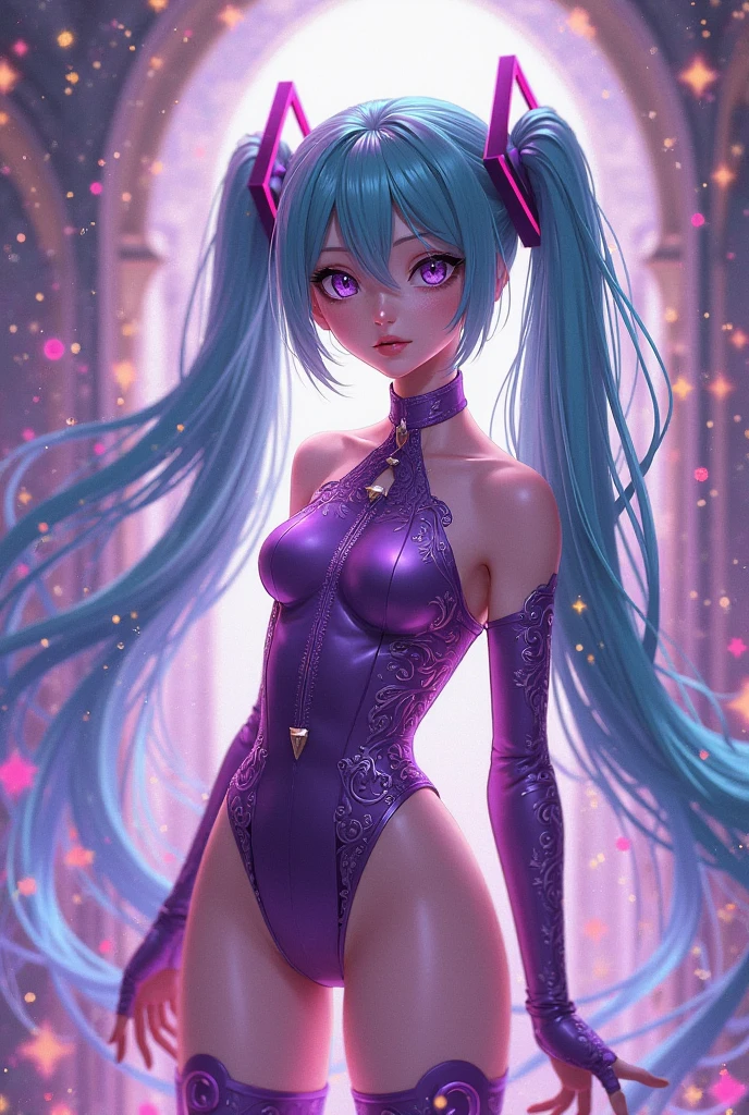 hatsune miku dark version very sexy, attractive and posing in a sensual and attractive full-length pose with a night and starry background, in nature and outdoors, (best quality:1.1), (masterpiece:1.4), (absurdres:1)