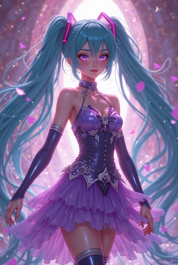 The subject in this picture is an anime character, and this character is Hatsune Miku. In the picture, she is wearing a gorgeous blue and purple gown, and she is holding a card with joker written on it. Hatsune Miku's gown has a lot of details and her gloves have some decoration. Viewing the image, the figure is a fantasy anime style illustration with some surreal elements present, while the overall is a cooler tone, dominated by blue and purple, and the overall shows a slight diagonal composition, while Hatsune Miku's body shows a slightly inclined stance. Hatsune Miku's expression is smiling, and her eyes are drawn quite fine, the eyes are mainly blue-green and with a little purple accent, looks very deep and delicate, the eyes have some mysterious and provocative meaning. In the picture, Hatsune Miku's wrists and neck have some decorations, her chest has a bow, and her back hair is scattered and colorful, with some dreamy embellishments on her hair. There is a small white bird in the lower left corner of the picture, with some small star-shaped embellishments around the bird, adding to the visual richness. There is no clear light source in the illustration, but there are some reflections and shadows on Hatsune Miku's dress and hair, adding a sense of three-dimensionality and movement. The background of this image is relatively simple, without too many distracting elements.