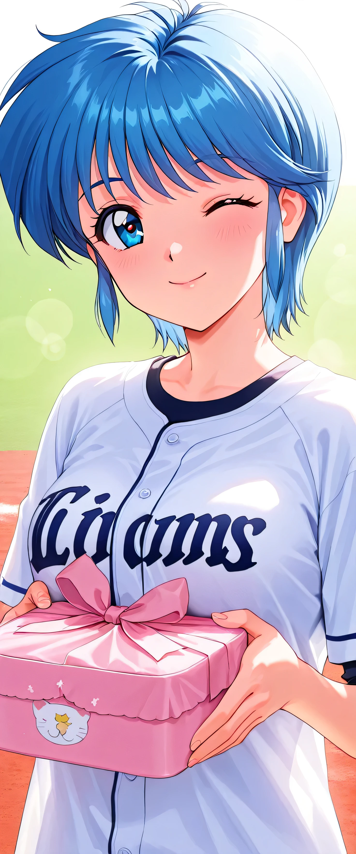 (beautiful girl: 1.3),masterpiece,Please redeem,Ultra-high resolution,Rich contrast,Very high quality,8k,Highly detailed CG unit wallpaper,Texture,So ridiculous,RAW Photos,Please redeem anime,Depth of written boundary 1.2,ultra-detailed eyes,Glowing Skin,Glitter Effect,Beautiful glossy lips,Nijino_Saki(Tokimeki_Memorial),1girl,solo, blue hair, blue eyes, short hair, bangs, medium breasts, 1990s (style),Baseball Stadium,seibu,smile,(upper body:1.5),Circular Bokeh,(backlighting:1.2),(A cute Japanese bento box contains a handmade lunch.:1.5),closed mouth,one eye closed