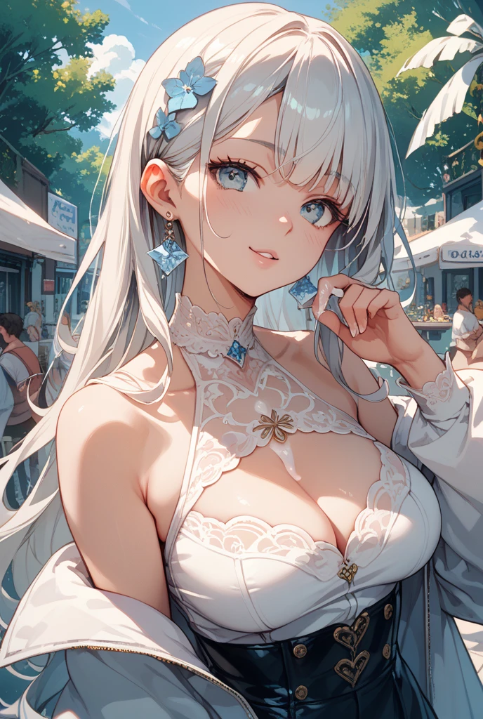 (Highest quality, 8k, 32K, masterpiece, Ultra-high resolution,:1.2),to be born, One Girl,So cute , City-like fantasy background, clear, Shining Eyes, Age 25 ,Fair skin, White Haired Girl, Fantasy Clothing, Short Hair, An innocent smile, Large Breasts, Big Breasts, night, Earrings, necklace, mini skirt, hat, bustling street, Magical girl,,Shortcuts