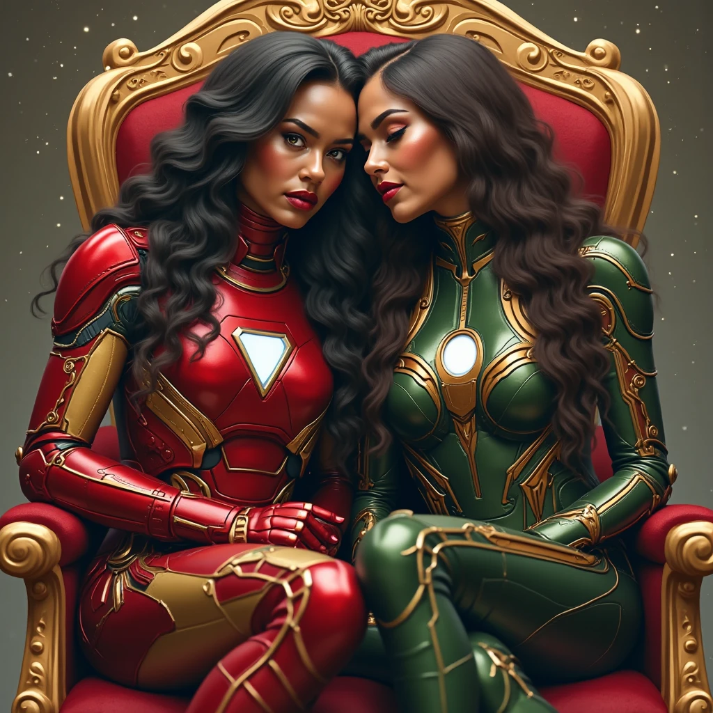 Create a realistic painting image,de "duas mulheres "of a passionate couple sitting on the same throne,surrealistic and highly detailed, da "mulher" Riri Williams, angelic features,pele morena clara , wavy and black hair and long,woman Iron wearing a futuristic armor detailed in the colors red and gold, The armor features intricate designs with various panels and segments, including a bright arc reactor on the chest. It covers the entire body, arms and legs included, with an elegant and modern metallic finish. Do her sitting on a throne together with Sam, totally spies,"pele Branca",rosto arredondado , smiling discreetly, full hair straight and large ,Heroina wears a futuristic spy costume, colado ao corpo, shiny in vibrant dark green color,maquiagem bonita,with long silky brown hair smooth and shiny.skin is light her eyes are greenish,expressivo. and lips painted with red lipstick.She is wearing striking makeup,she is lying on the Riri The lighting is soft, highlighting the brightness of the suit, of her hair and skin in a natural and realistic way.Mystical or symbolic air at the scene.epic battle atmosphere. Smooth, blurry background with floating luminous particle effects, ultra realistic digital art style in high definition, Perfect details on the face, olhos er cabelos, no distortions or errors