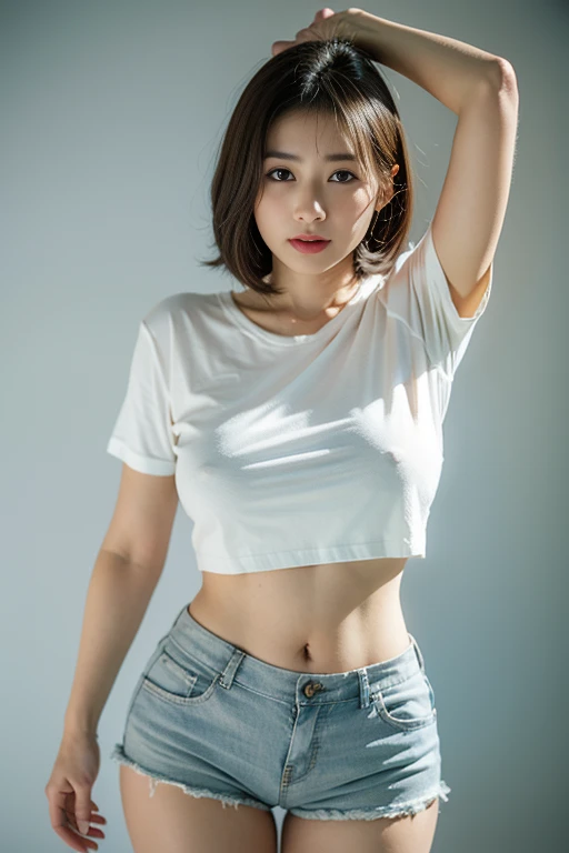 (front focus),(in the dark:1.6), (masterpiece, top quality, best, official art, beautiful and aesthetic),(masterpiece, top quality, best quality, official art, beautiful and aesthetic),(masterpiece, top quality, best quality, official art, beautiful and aesthetic:1.2), 1 malay girl, short hair, ((glitch art)), (digital distortion), pixelated fragments, data corruption,colorful noise, visual chaos, ((wearing white strapless tanktop)), (( stand, arms up)), (big breast: 1.3), detail skin texture, in industrial cafe, concrete wall, wear blue hot pants, (plump body, Huge thigh). (Wearing black lace stocking, garter)