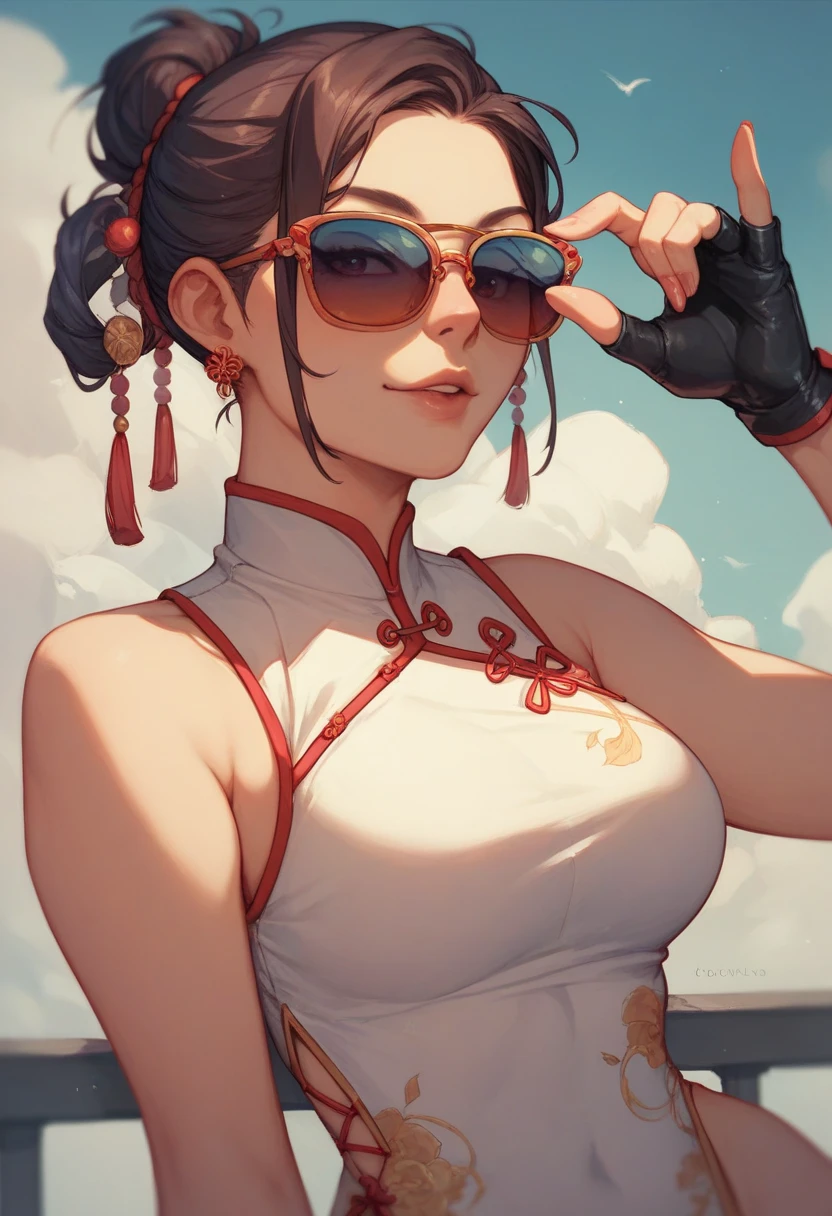 Jinx,Fleshy thighs，Poster publicity style，poster background，C cup，wears glasses，Ultra shortilk tea，baby cats